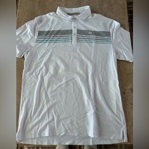 Travis Mathew White Polo with Gray and Blue Stripes